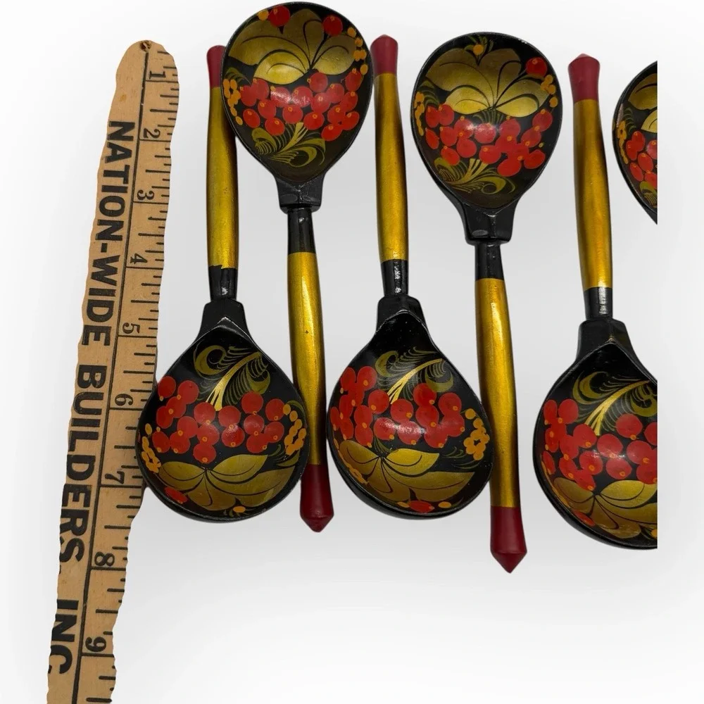 Lot of 11 Vtg Russian Khokhloma Spoons Lacquer‎ Hand Painted Wood  5 Sm 6 Lrg